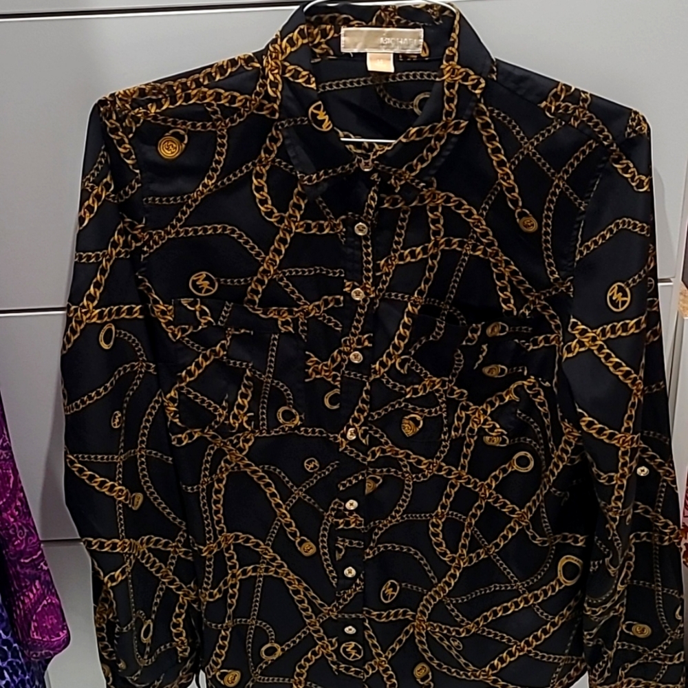 Michael Kors Chain Print Logo Button Blouse Black Gold Sz 14
